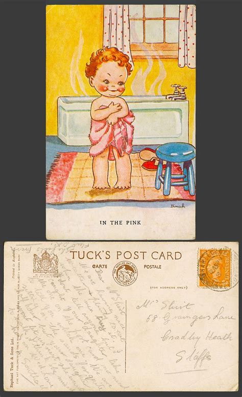 Dinah Artist Signed 1940 Old Postcard In The Pink Girl Just Had A Bath