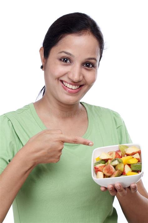 Young Indian Woman Showing Fruit Salad Stock Photo Image Of Apple