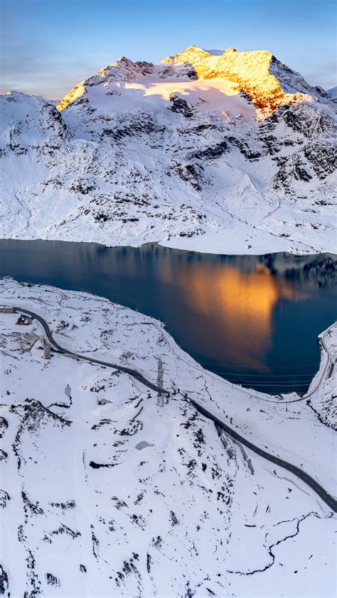 Winter Sunrise Over Lago Bianco And Mountains Bernina Pass Graubunden