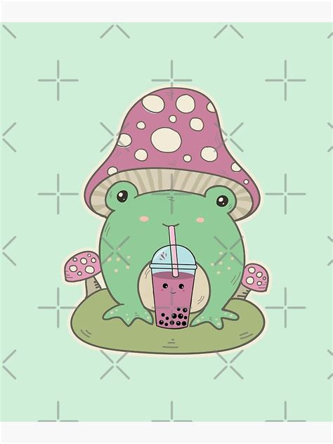 Cottagecore Frog Drinking Boba Tea Mint Green Art Print By