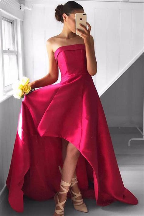 Simple High Low Strapless Long Fuchsia Satin Prom Dress With Pleats On