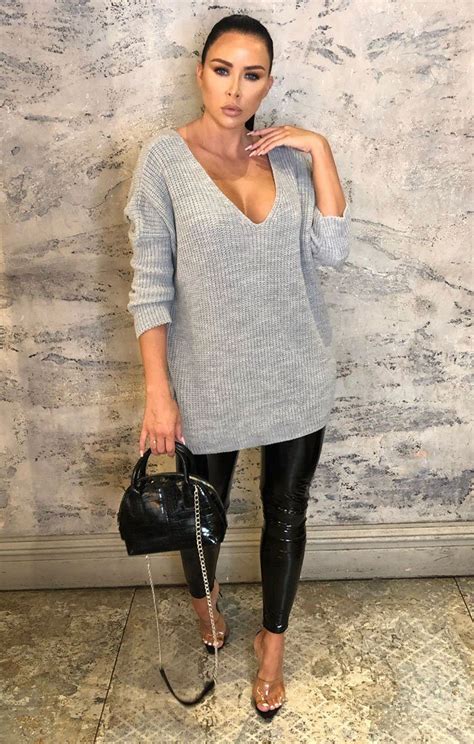 Grey Deep Plunge Knitted Oversized Jumper Jumpers Femme Luxe Uk