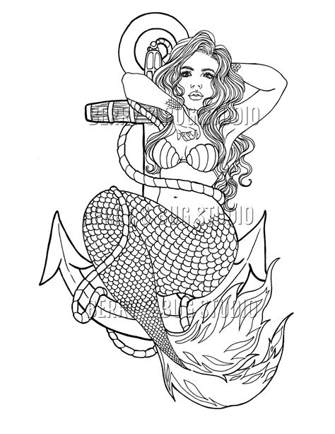Siren Coloring Page Printable Adult Coloring Page Mermaid Etsy