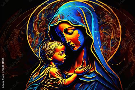 Virgin Mary Holding Baby Jesus Abstract Art Depicting Gods Miracle Of