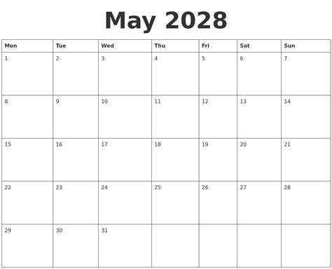 May 2028 Blank Calendar Template