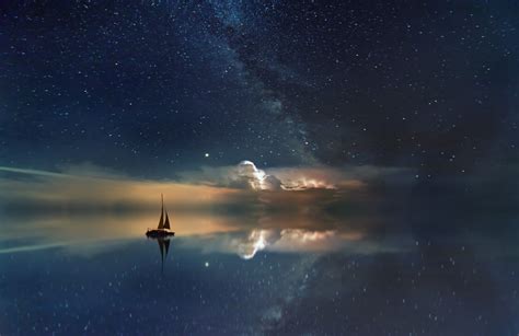 1440x2960 Lake Mirror Reflection Stars Boat Milky Way 5k Samsung Galaxy