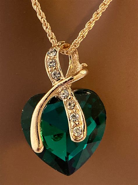 Emerald Green Crystal Heart Pendant Gold Necklace And Earrings Etsy