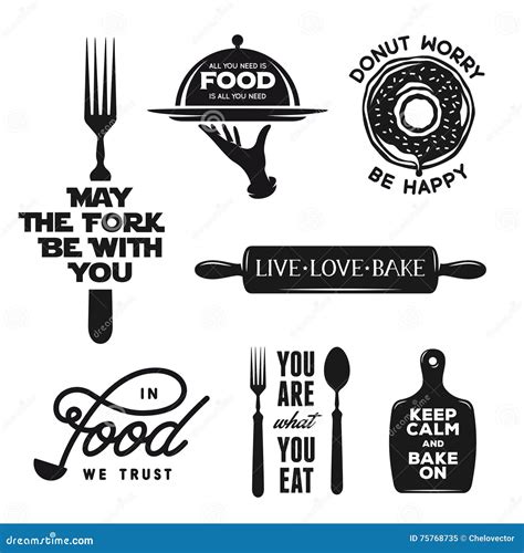 Food Related Typography Set Quotes About Cooking Vintage Vector Illustration Stock