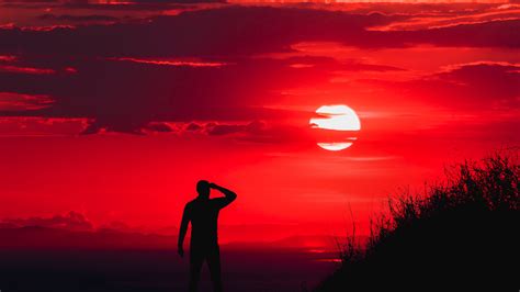 1280x720 Silhouette Of Man During Red Sun 720p Hd 4k Wallpapersimages