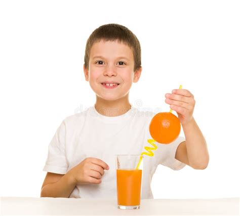 Boy Drink Orange Juice With A Straw Stock Photo Image Of Little Food