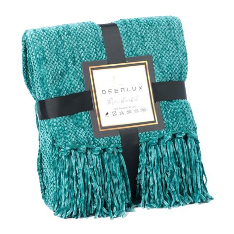 Decorative Chenille Throw Blanket With Fringe Turquoise