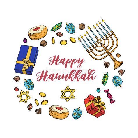 Jewish Holiday Hanukkah Greeting Card Doodle Set Of Traditional