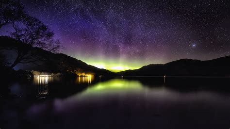 Download Wallpaper 1920x1080 Aurora Starry Sky Night Loch Lomond Scotland Full Hd Hdtv Fhd