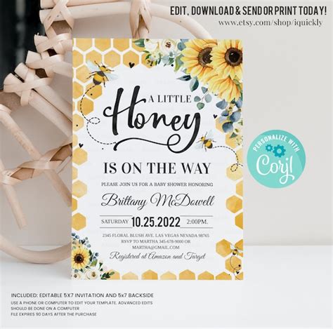 Editable Bee Baby Shower Invitation Sunflower Gender Neutral A Etsy