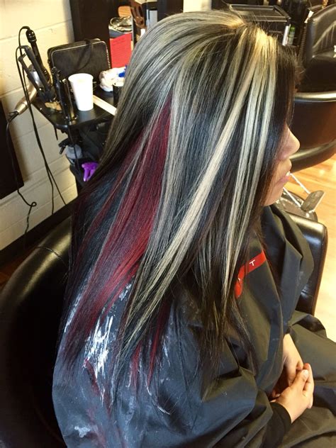 Chunky Blonde Highlights With All Over Black And A Red Halo Chunky
