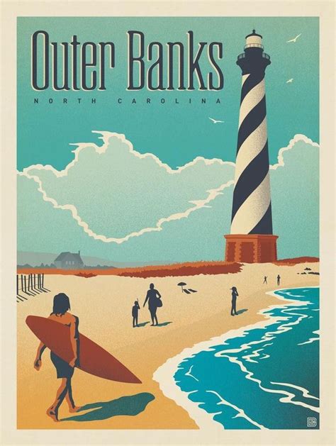 Outer Banks North Carolina Print Art Vintage Style Obx Beach Coastal