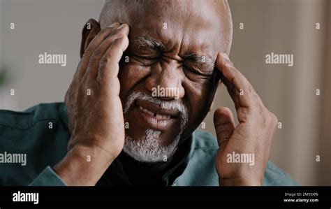 Close Up Face Sad Elderly African American Man Feeling Headache Chronic