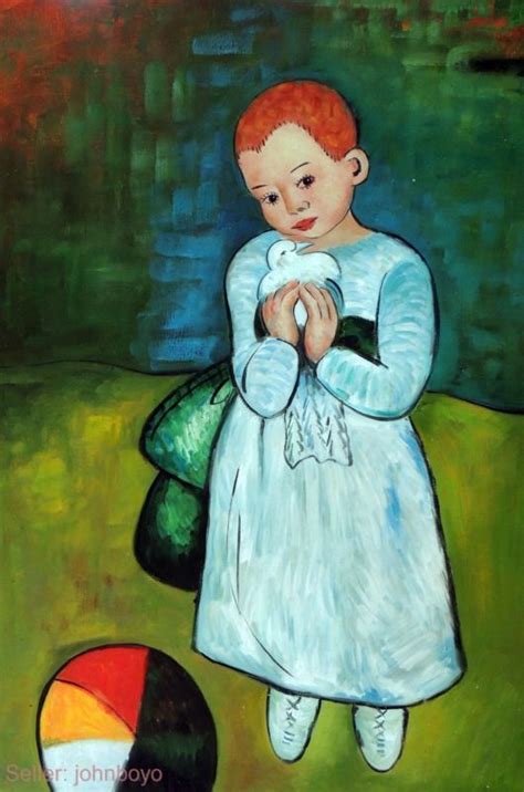Painting Girl Picasso Repro W Dove Child Bird 24x36 Stretched Oil On
