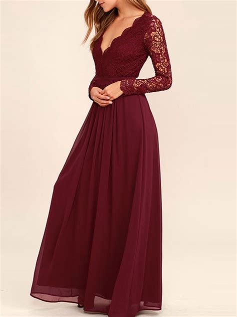Lace Bodice Burgundy Chiffon Bridesmaid Dresses Simple Prom Dress With Long Sleeves PD On