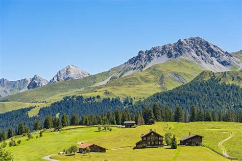 Switzerland Scenery Mountains Houses Forests Grasslands