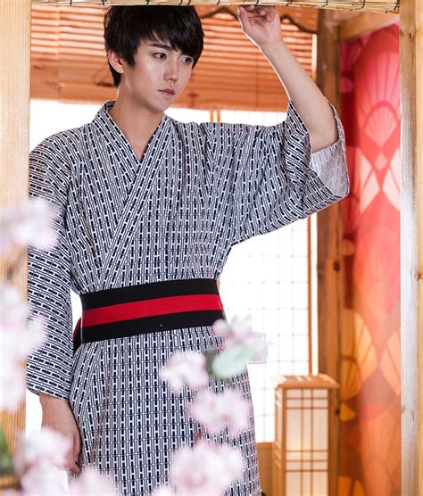 2018 Male Japanese Traditional Kimono With Obi Mens Cotton Robe Yukata