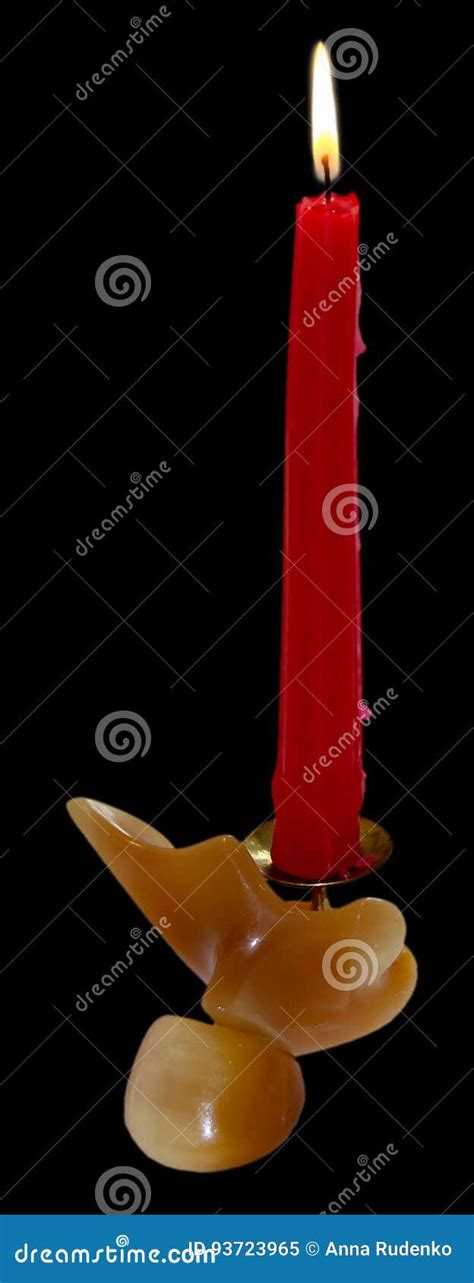 Candlestick Made Of Onyx With Red Burning Candle Isolated Stock Image