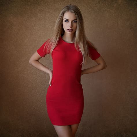 Wallpaper Dmitry Shulgin Red Dress Women Model Blonde Blue Eyes Tight Dress 2048x2048