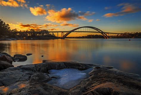 Picture Sweden Nature Bridges Sky River Stones Evening Clouds