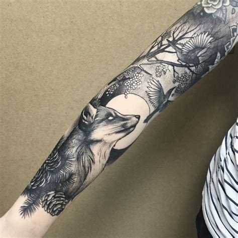 Black Work Fox Sleeve Tattoo Tatouage Avant Bras Tatouage Bras Complet Tatouage Bras