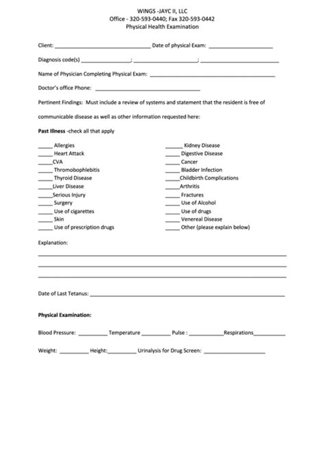 Physical Health Examination Form Printable Pdf Download
