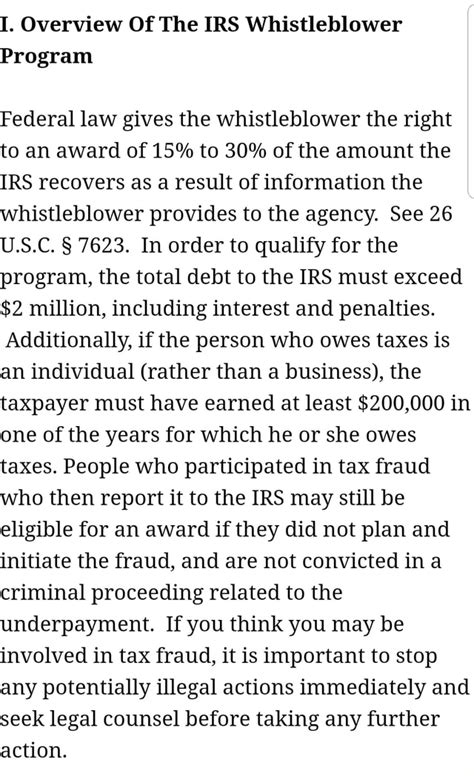 I Overview Of The Irs Whistleblower Program Federal Law Gives The