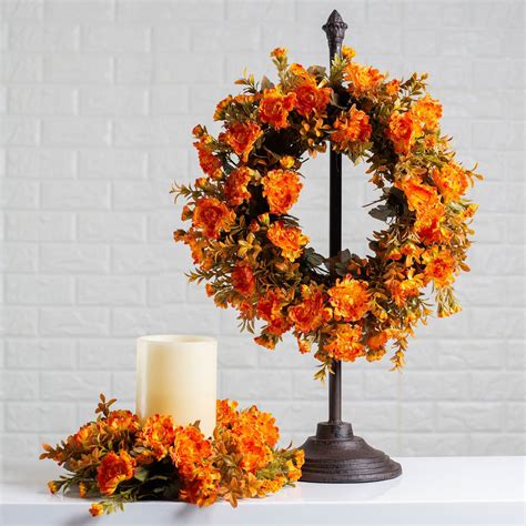 Orange Rust Mums And Amber Boxwood Fall Candle Ring Or Mini