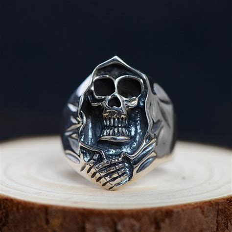 925 Sterling Silver Jewelry Single Ring Mens Punk Style Skull Grim