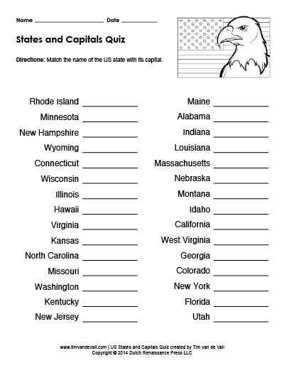 Printable Us States And Capitals Quiz Practice Test Pdf