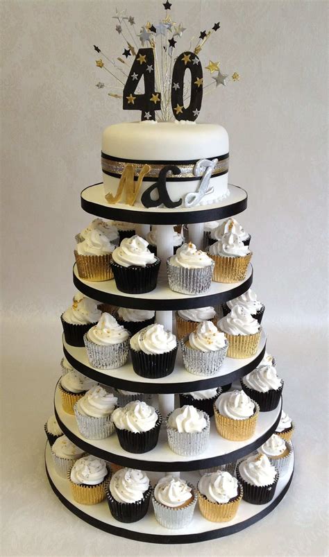 Black Gold And Silver Cup Cake Tower 40th Birthday Cakes Gold Birthday Cake Black And Gold Cake