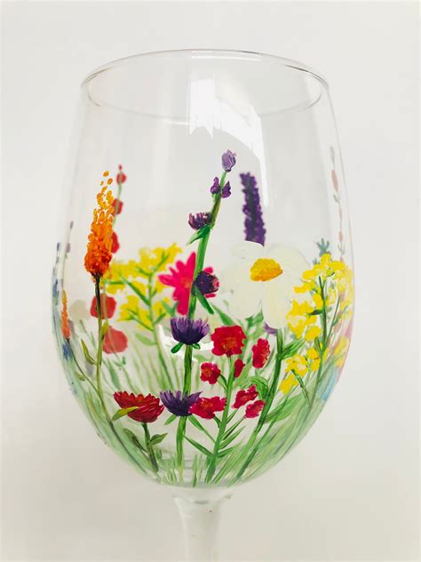 Hand Painted Wild Flower Wine Glass Etsy