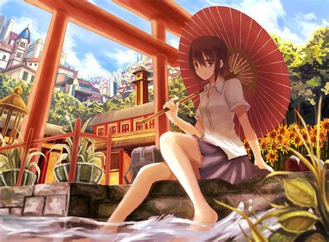 Anime House Scenic Plant City Hot Anime Girl Scenery Female Cloud Brown Hair Hd