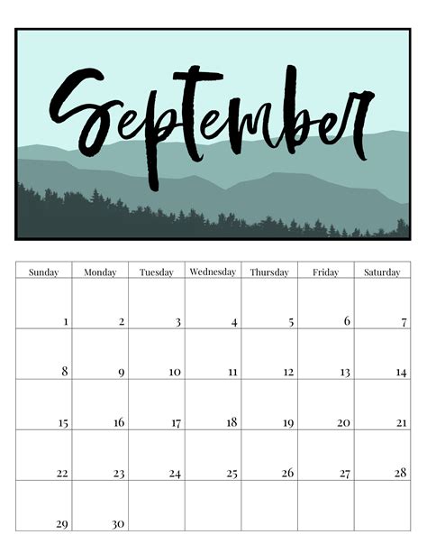 Free Printable Monthly Calendar 2019 - Mountain Trees | Paper Trail Design