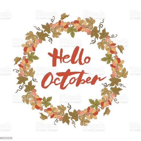 Handwritten Lettering Hello October With Grapes Wreath Stock