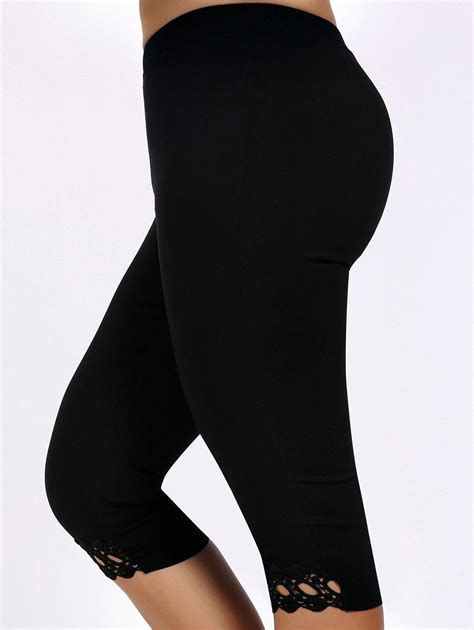 2018 Lace Trim Plus Size High Waist Capri Leggings BLACK XL In Plus
