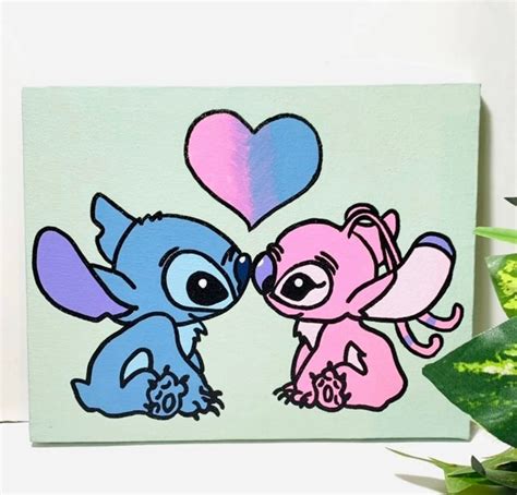 Lilo And Stitch Stitch And Angel In Love Heart Acrylic Etsy