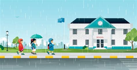 Children Walking To School Rainy Stock Illustrations 33 Children