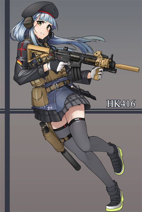 Safebooru 1girl Absurdres Aqua Hair Assault Rifle Bangs Beret Blunt