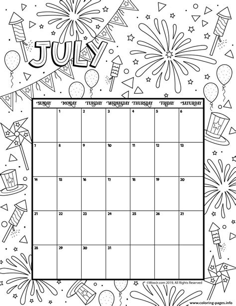July 2019 Coloring Calendar Coloring Page Printable