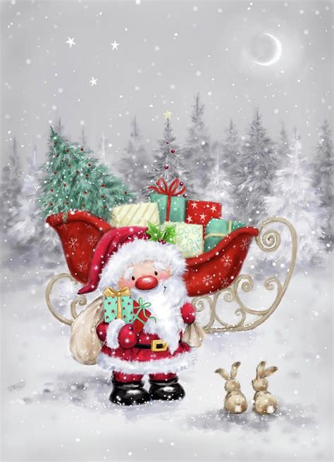 Santa Mixed Media Santa With Sleigh By Makiko Christmas Art