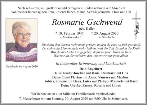 Traueranzeigen von Rosmarie Gschwend Allgäuer Zeitung