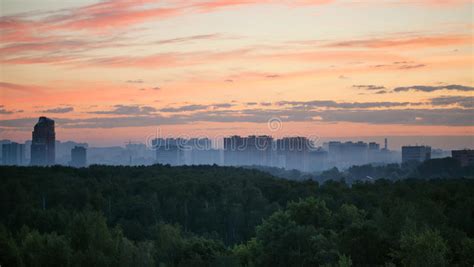 Early Sunrise And Morning Mist Over Woods And City Stock Photo Image