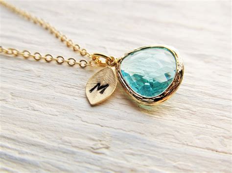 Gold Aquamarine Necklace Initial March Birthstone Jewelry Etsy