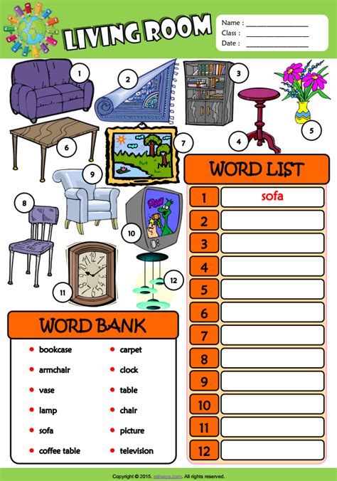 Vocabulary Matching Worksheet In The Living Room Worksheet Free Esl