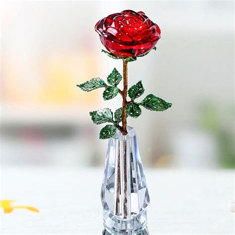 Crystal Red Rose Flower With Green Leaves And Crystal Vase Stand Romantic